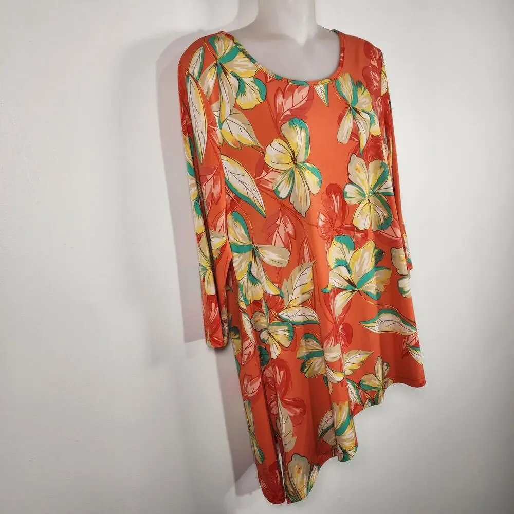 Susan Graver Womens Tunic Liquid Knit Top Orange Floral Asymmetrical Hem Medium